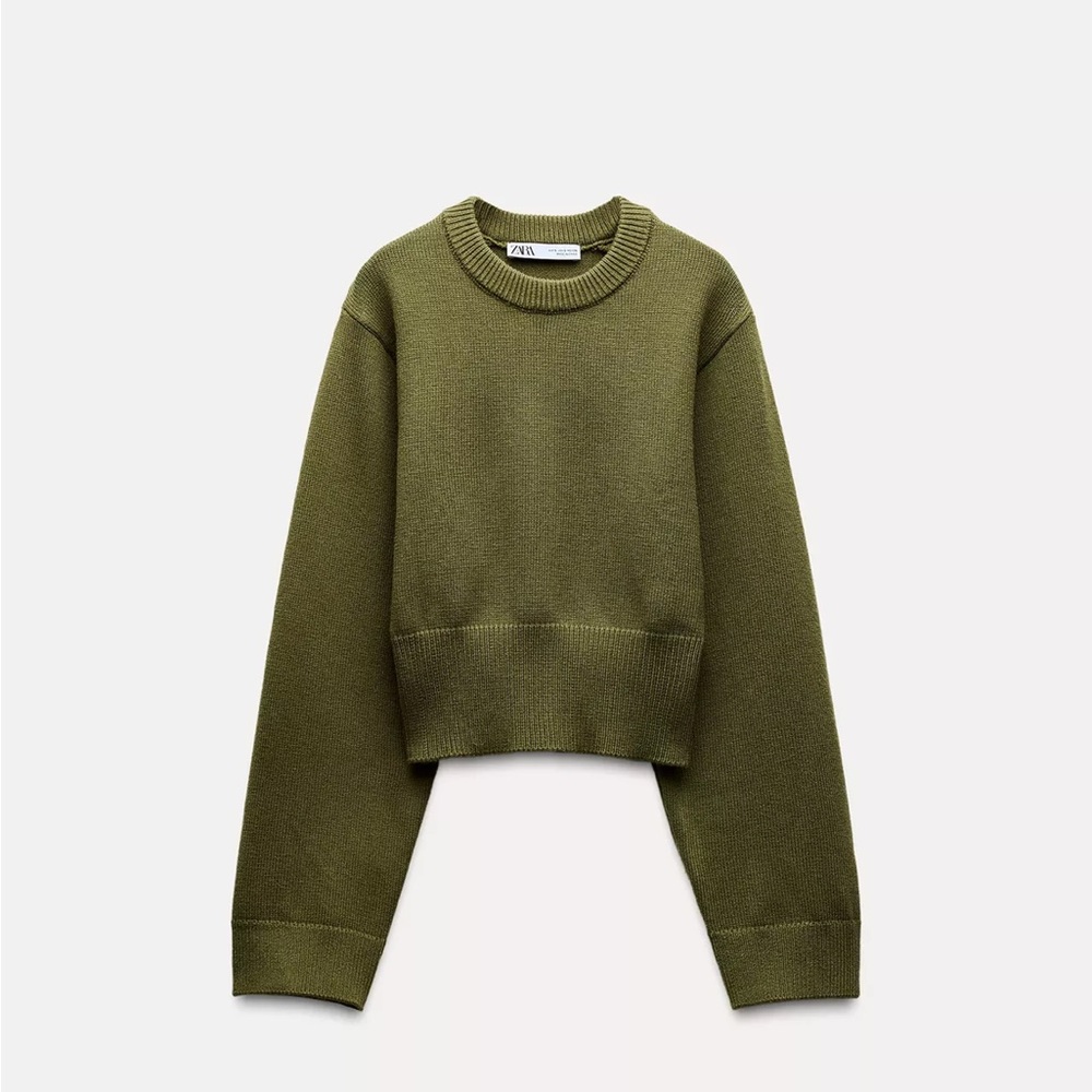 Zara Olive Ribbed Crewneck Sweater